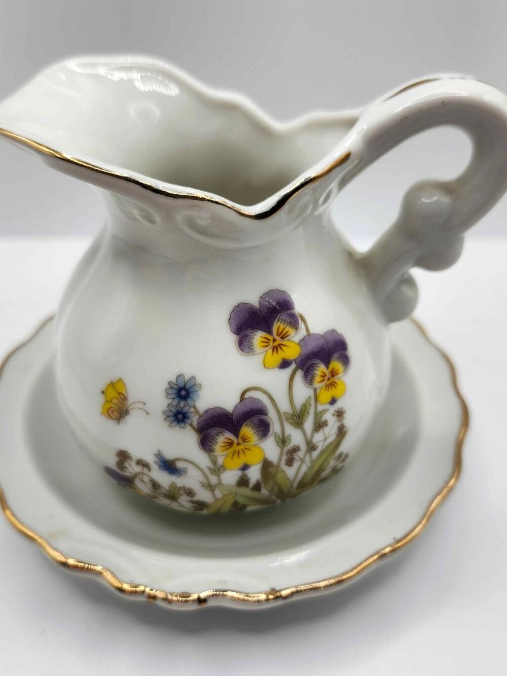 Vintage Ucagco Japan Miniature Creamer Saucer Set Pansy Butterfly Gold Trim 1950